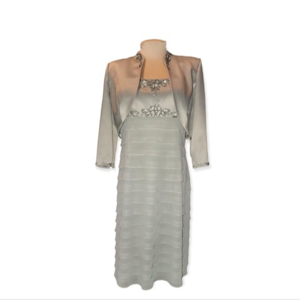 Alex Evenings 2 Piece Sage Green Beaded Midi Jacket Dress Size 10